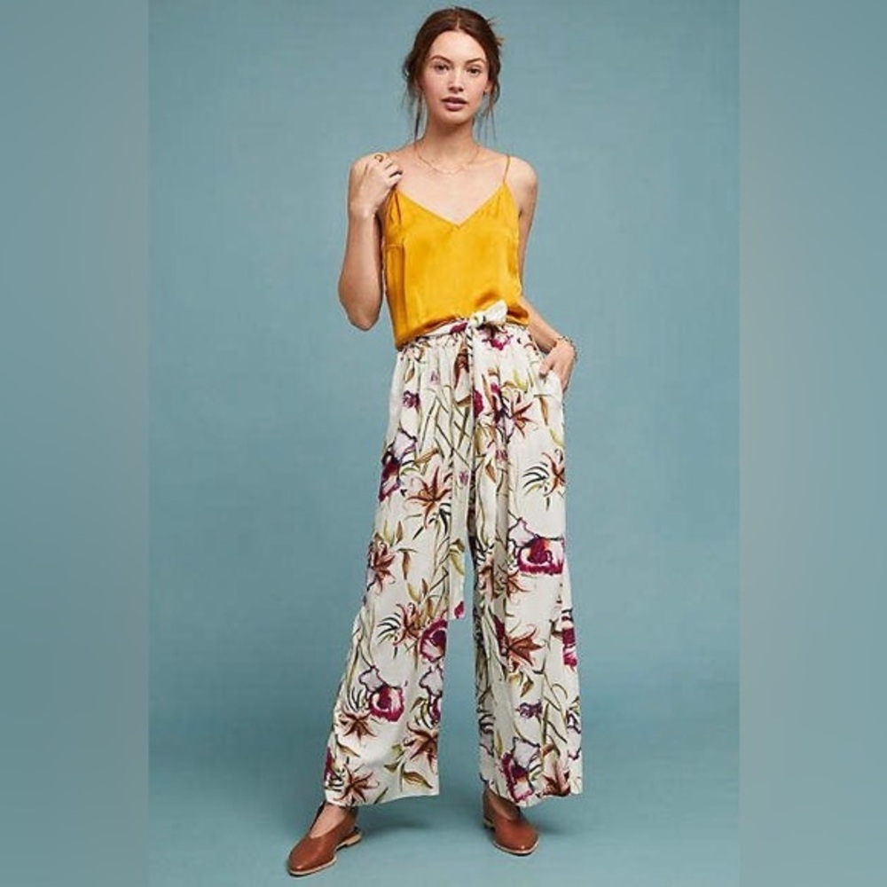 Anthropologie Floral Wide Leg Pants - Cream and Purple